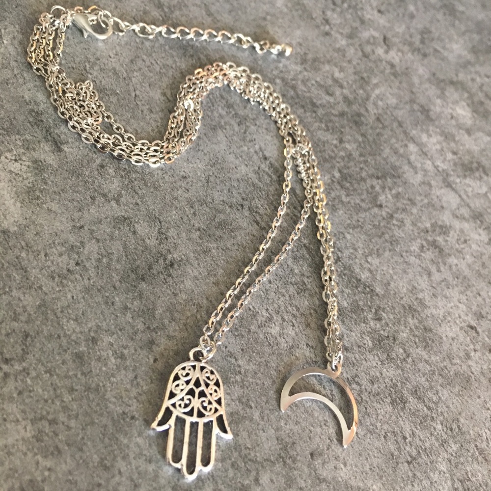 Hamsa Crescent Moon Double Layer Silver Necklace - Picture 2 of 7